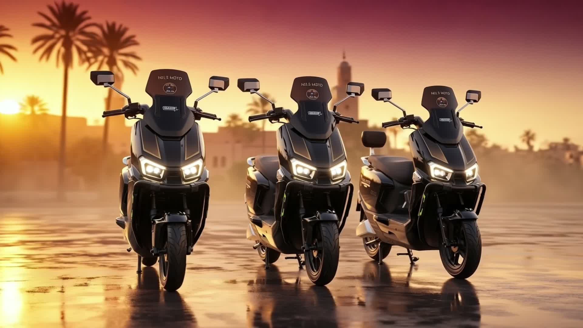 Flotte de scooters électriques Nel's Moto devant la Koutoubia à Marrakech